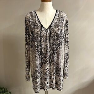 Belle by Kim Gravel V-Neck tie stretchy Blouse tunic long sleeve mix print 1X